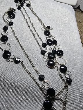Long Chain Neckalace Black Bead W/ Silver circles Accent